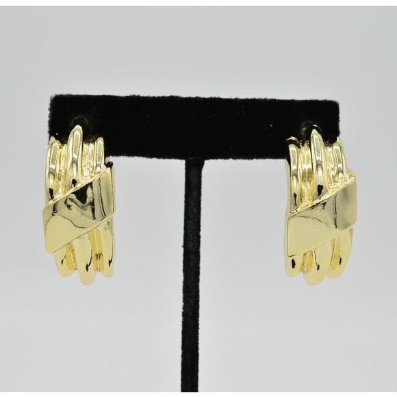 Vintage Pierced Earrings Demi Hoops Shiny Sandy Gold Tone Chunky NOS 1980s 9L - Picture 1 of 6